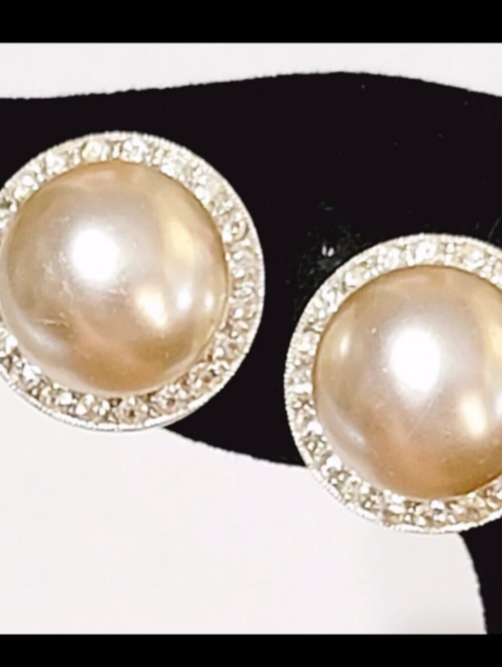 Vintage Faux Pearl Rhinestone Earrings Screw Back Silver-tone Mid-century sb-55